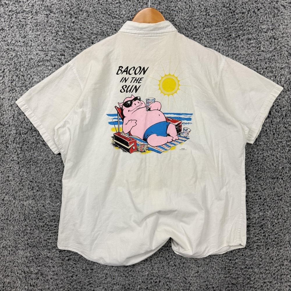 Vintage 80s Myrtle Beach Shirt Adult XL Bacon In The Sun Pig Textured Button Up
